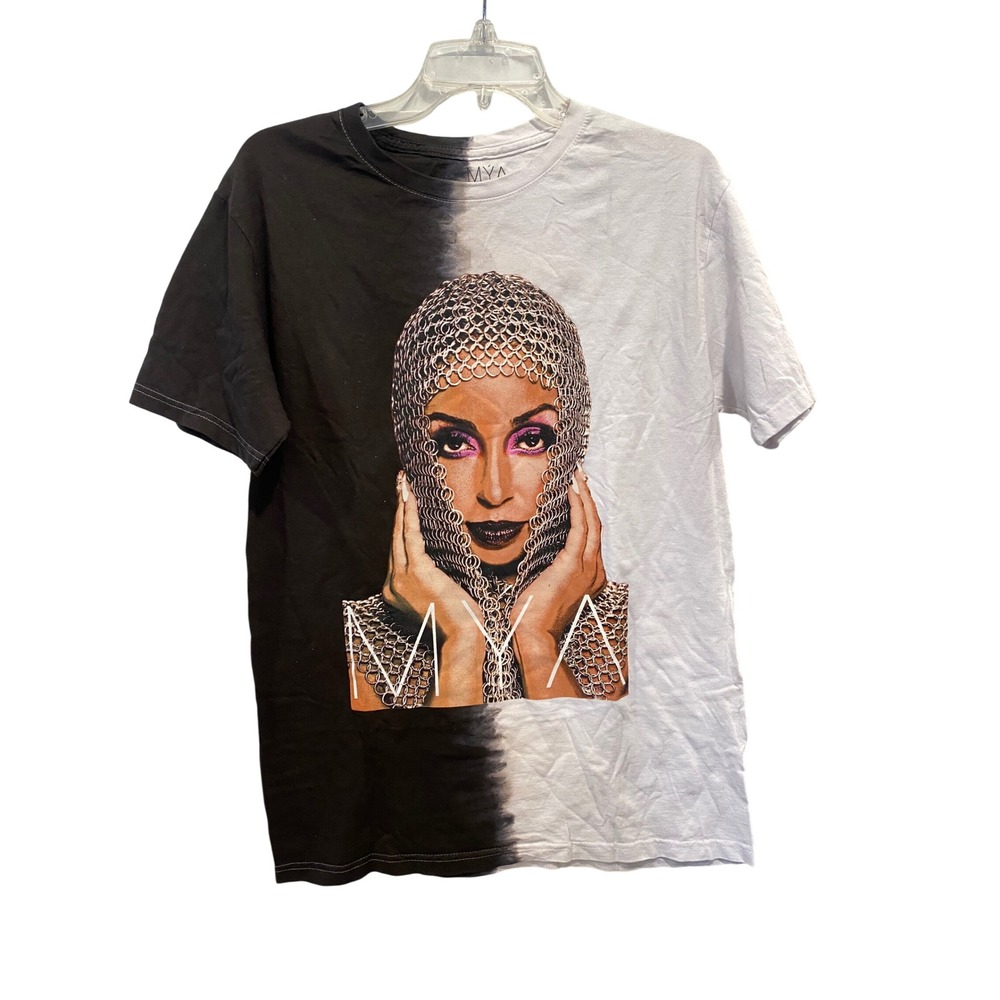Mya‎ Graphic T Shirt Split Black White Tie Dye Portrait Print Size L NWOT